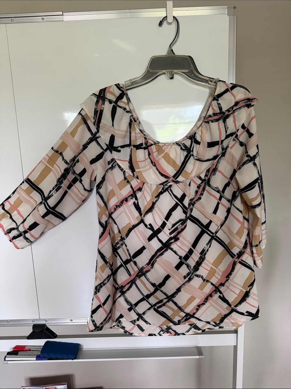 Dress Barn Blush, Black & Tan Plaid Scoop Neck Blouse